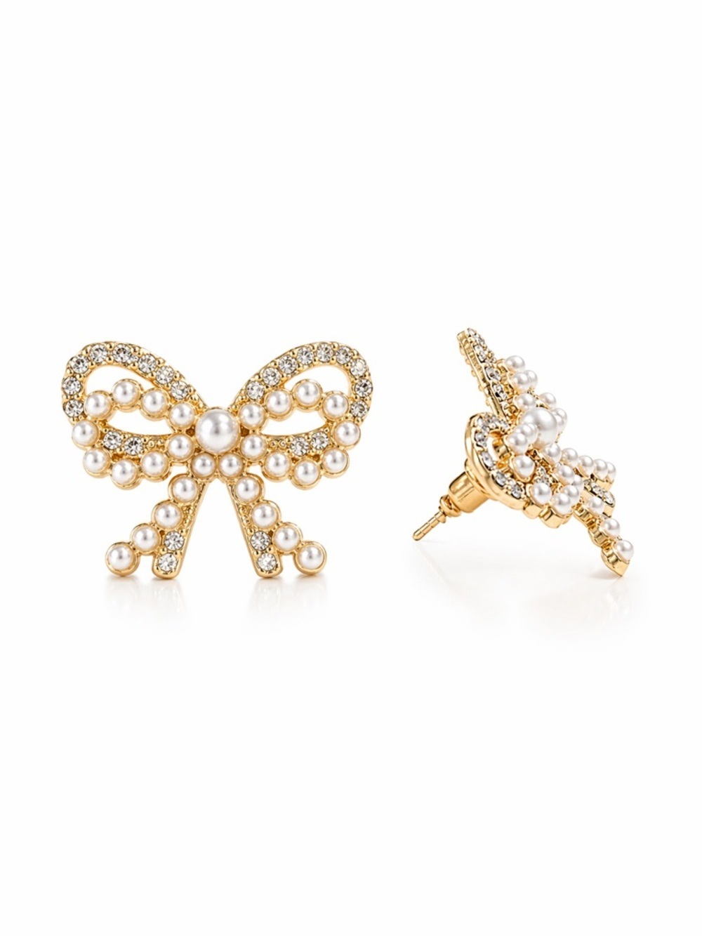 Gold Bow Stud Earrings CZ & Mini Pearl Accents 1" x 1"